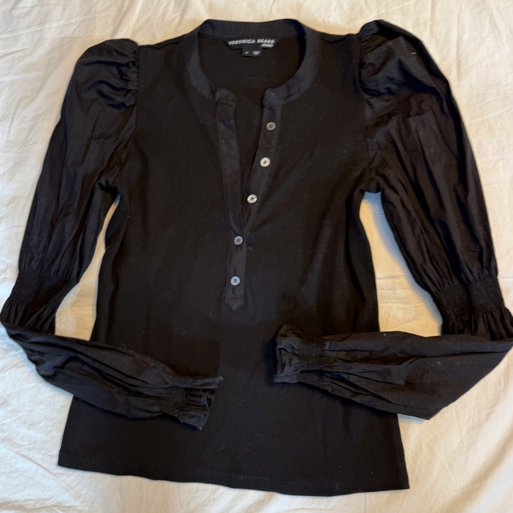 VERONICA BEARD Effy Puff Sleeve Ribbed Knit Henley Buttoned Shirt - Picture 9 of 16